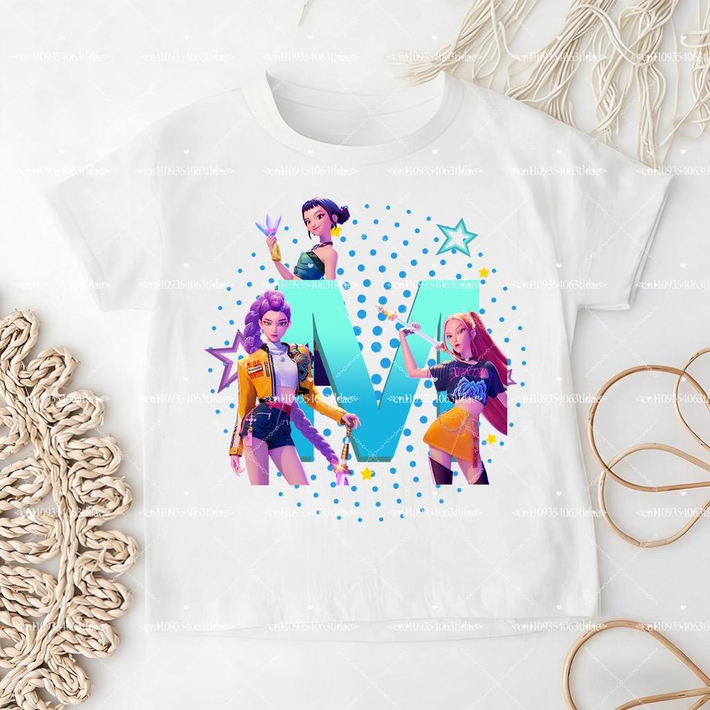 K-pop Demon Hunter Children's Cotton T-shirt for Girls - Sports Shirt - 2026 New Summer Short-Sleeved Casual Top - A-Z Letters