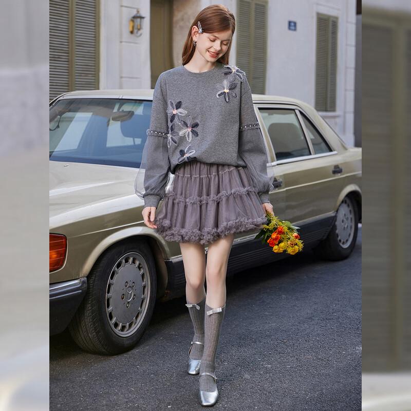 Women's 3D Floral Mesh Panel Loose Sweatshirt