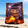 1pc Witch Hat Kitty Art Throw Blanket Polyester Fiber, Lightweight Flannel, Soft & Warm, All Season Use for Outdoor, Camping Digital Print