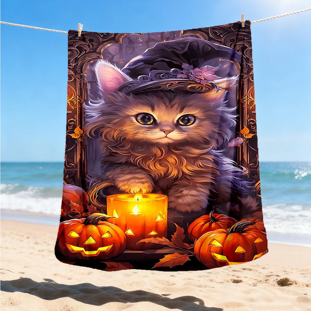1pc Witch Hat Kitty Art Throw Blanket Polyester Fiber, Lightweight Flannel, Soft & Warm, All Season Use for Outdoor, Camping Digital Print
