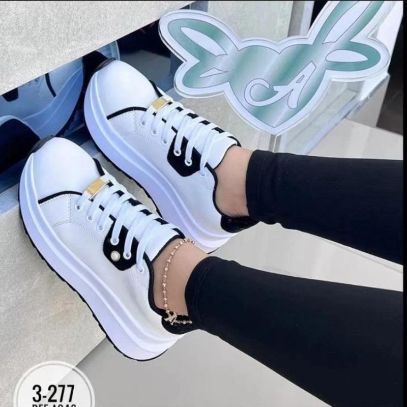 Sneakers da Donna con Plateau a Larghezza Larga, Scarpe Basse Monocolore a Punta Tonda a Taglio Basso, Scarpe Casual da Skateboard con Lacci per Donna