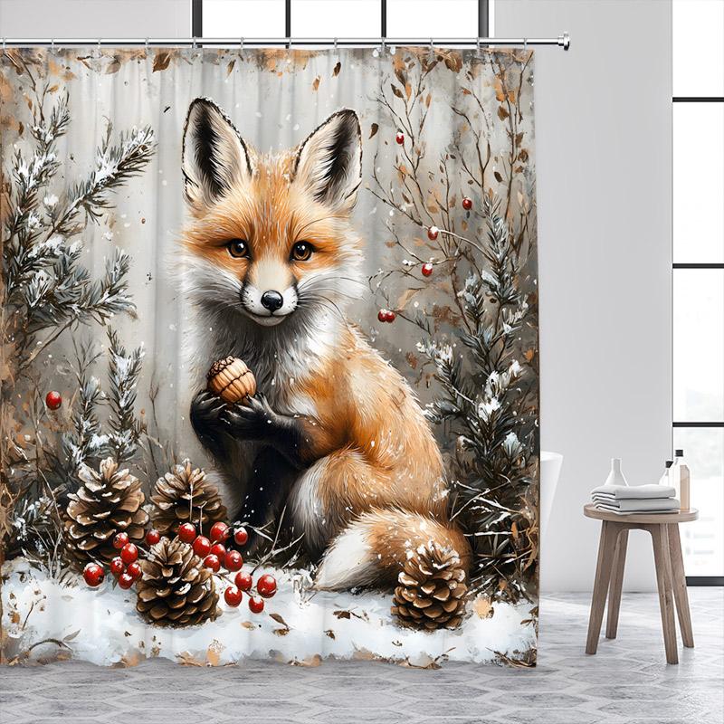 Funny Fox Shower Curtain Autumn Forest Maple Leaves Animal Fall Art Scenery Bath Curtains Fabric Home Bathroom Decor with Hooks