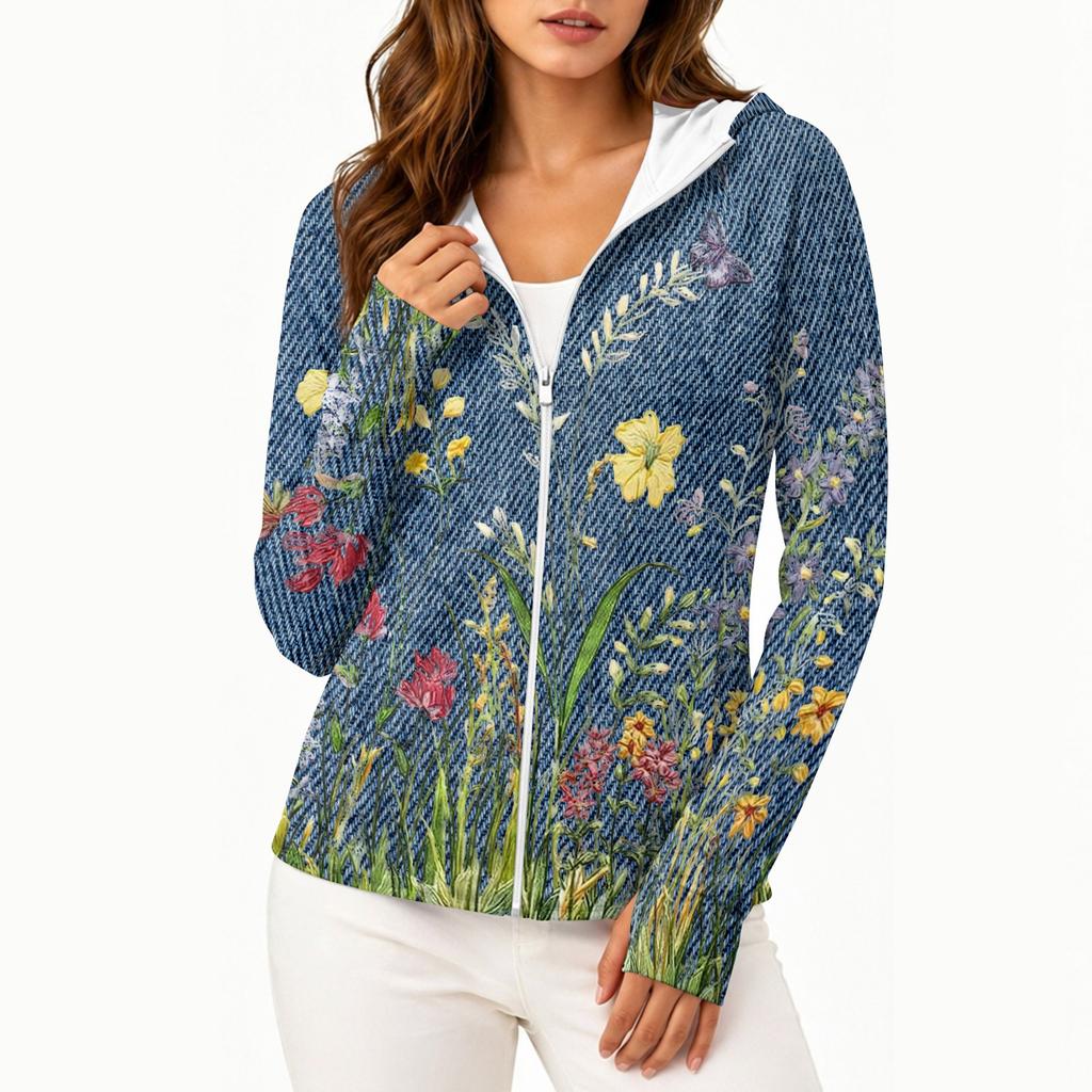 Damen Kapuzenjacke mit Reißverschluss, langen Ärmeln und Taschen, mit Blumenmuster, leichte SonnenSchutz-Außenjacke für Outdoor-Aktivitäten