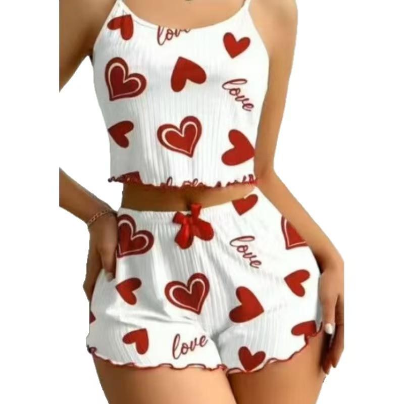 2026 European & American Sweet Heart Print Knit Pajama Set for Women
