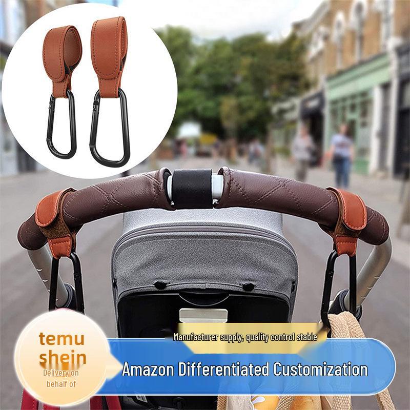 PU Leather Baby Stroller Hook with Velcro Carabiner and Child Seat Handle