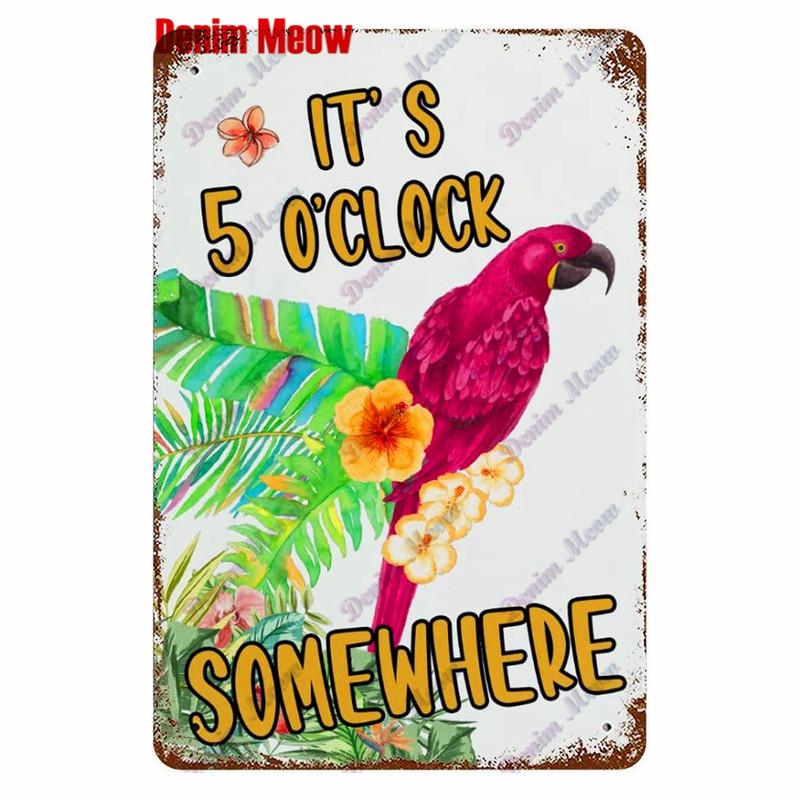 Metal Tin Sign Wall Decor, Vintage Parrot Cocktail Bar Plates, Kitchen Painting Decor, It's 5 O'clock, WY23