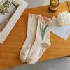 Women Socks Korean Japanese Style Cartoon Green Flower Harajuku Cute Kawaii Mid Tube Socks Breathable Casual Short  Cotton Socks