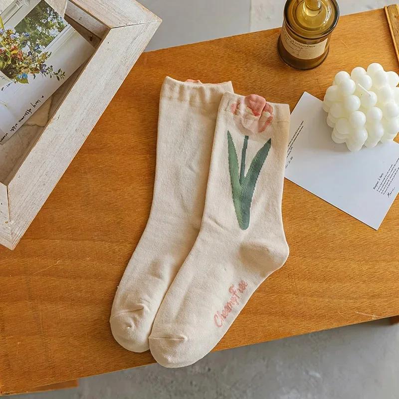 Women Socks Korean Japanese Style Cartoon Green Flower Harajuku Cute Kawaii Mid Tube Socks Breathable Casual Short  Cotton Socks