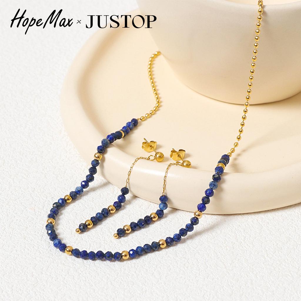 European and American Retro Natural Stone Fringed Earrings Stainless Steel Studs Lapis Lazuli Collarbone Chain Beaded Necklace