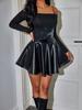Rose Beauty A Y2K Rave High Waist Ruffle Hem PU Leather A Line Flare Pleated Bodycon Mini Skirt