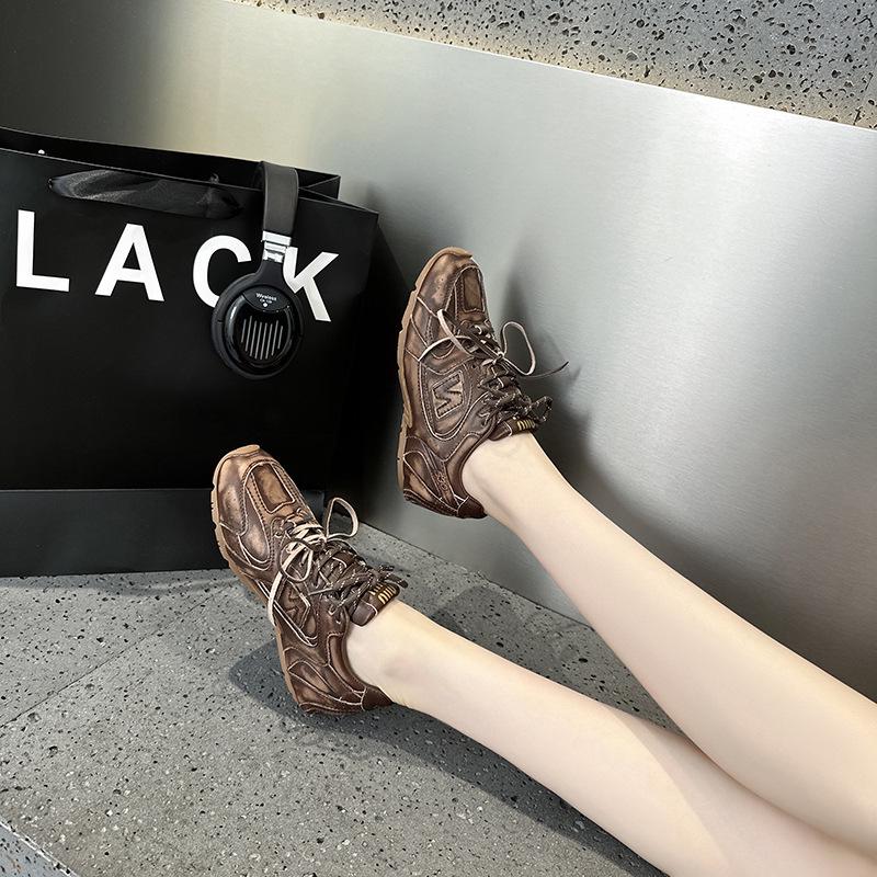 Women's Genuine Leather Retro Casual Sport Shoes with Two-Color Laces - Vintage Style Training Sneakers