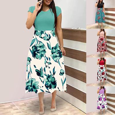 Women's Summer Short Sleeve Loose Floral Print High Waist Casual Boho Loose Long A-Line Dress