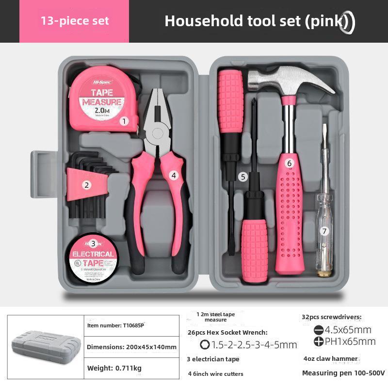 Multifunktionales Heimwerker-Reparaturwerkzeugset mit Zange, Maßband, Hammer.