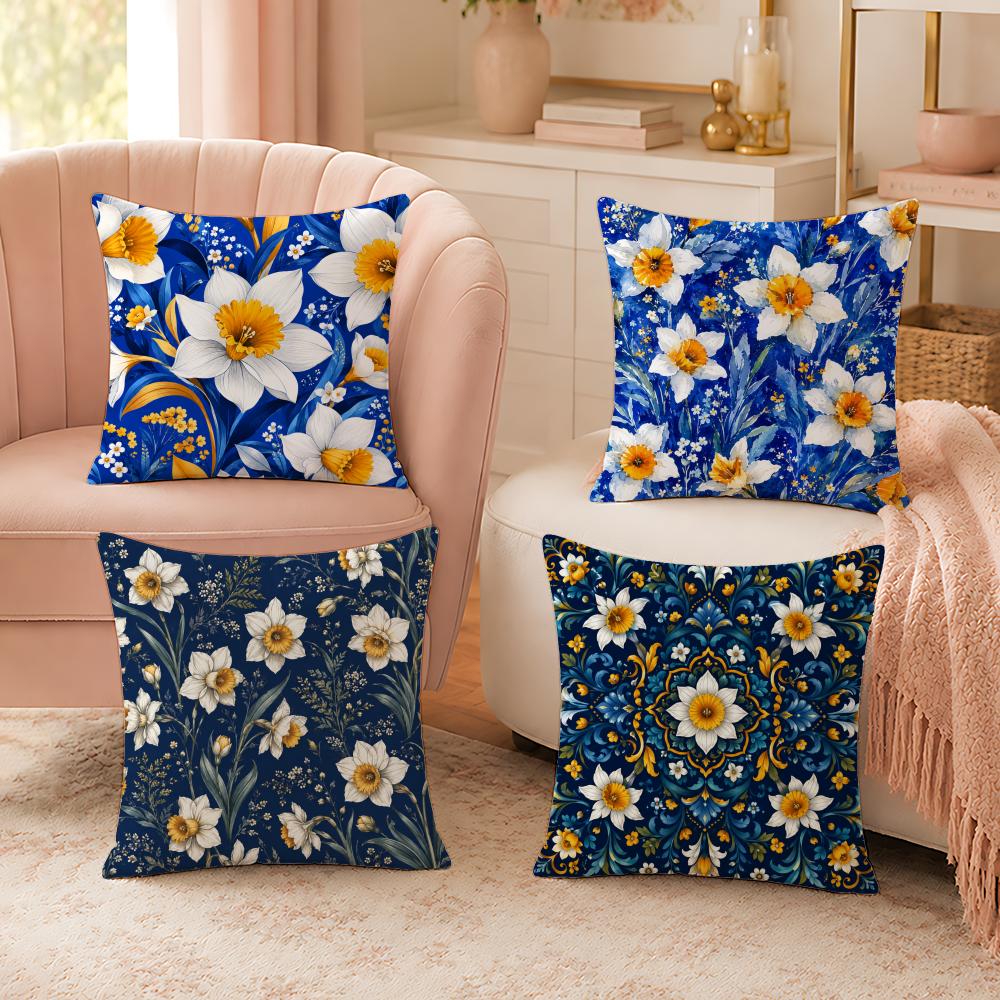 Vintage Dark Blue Floral Design Pillow Case Organic Short Plush Cushion Covers Breathable Washable WrinkleResistant