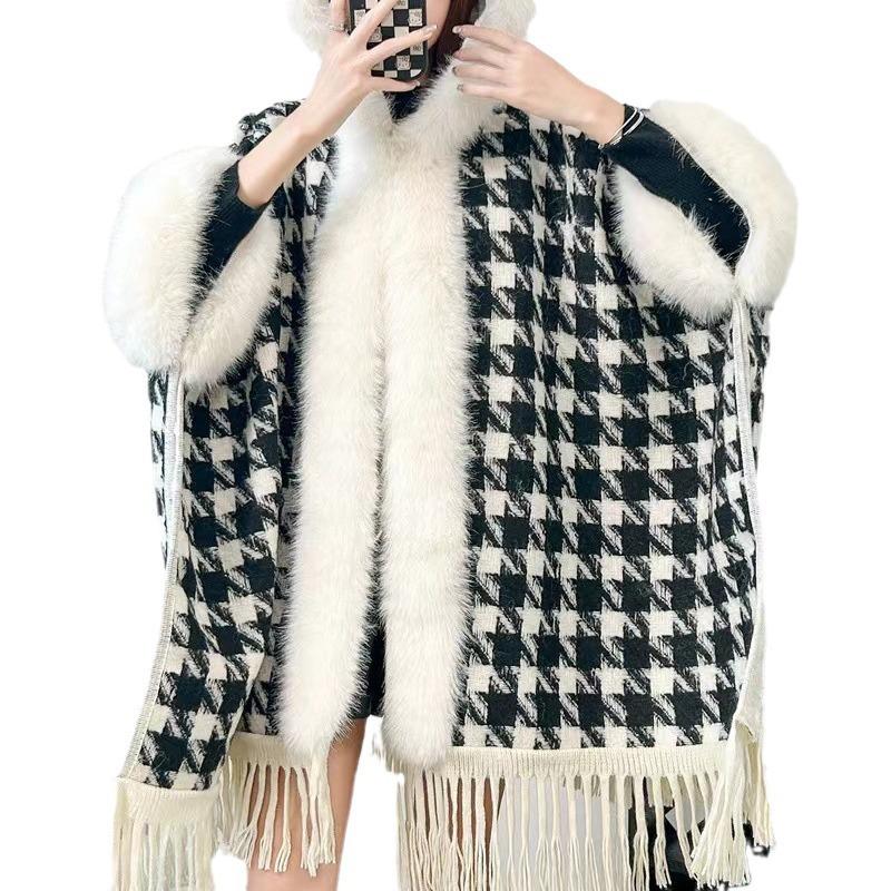 Cloak Shawl Wool Jacket Women'S Winter Hooded Medium Long Fleece Thickened Versatile Plaid Fringed Cloak Coat