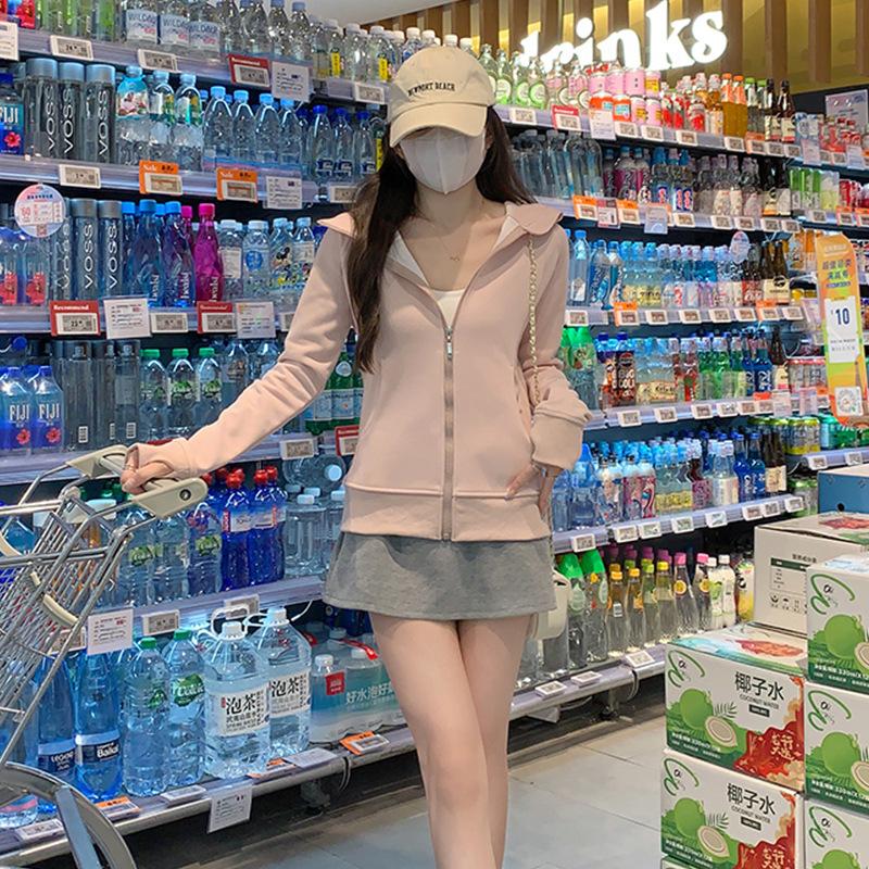 

Pink Early Autumn Sweatshirt Jacket for Women Spring and Autumn Zipper Cardigan Slim Short Yoga Suit Sports Top Thin Hood S