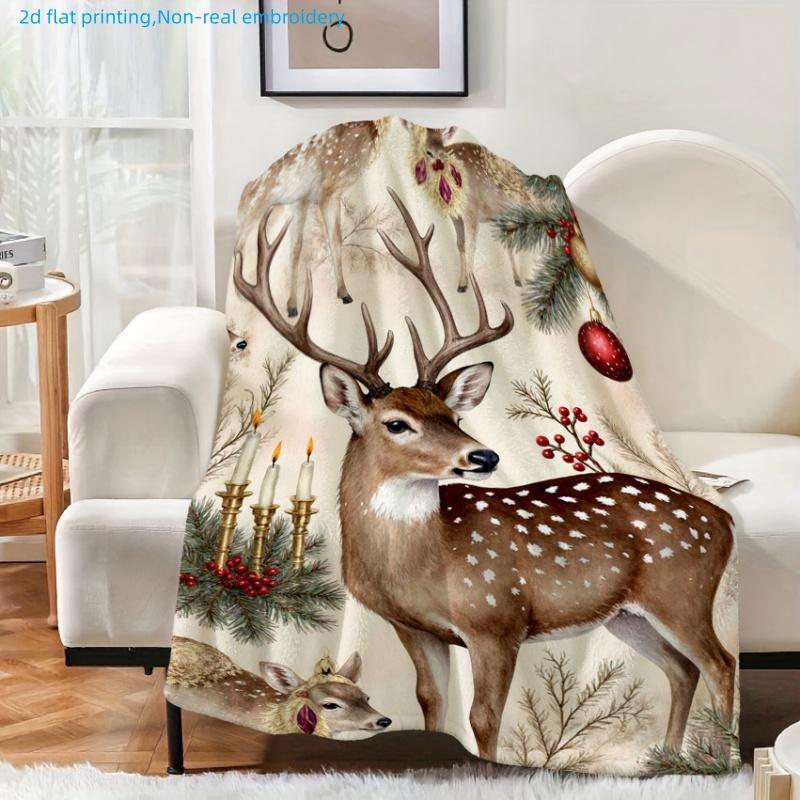 1pc Winter Reindeer Christmas Print Blanket, Festive Atmosphere, Multiple Sizes Available, Suitable for Living Room, Bedroom, Study, Office, Balcony