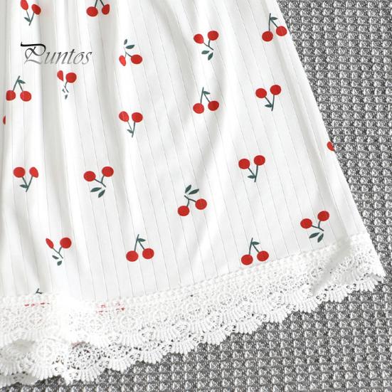 2-teiliges Pyjama-Set mit Spitze, V-Ausschnitt, kurzärmeligem Oberteil und Kirschdruck, bequemes Homewear-Outfit, lässiges Oberteil und Shorts, Nachtwäsche-Set