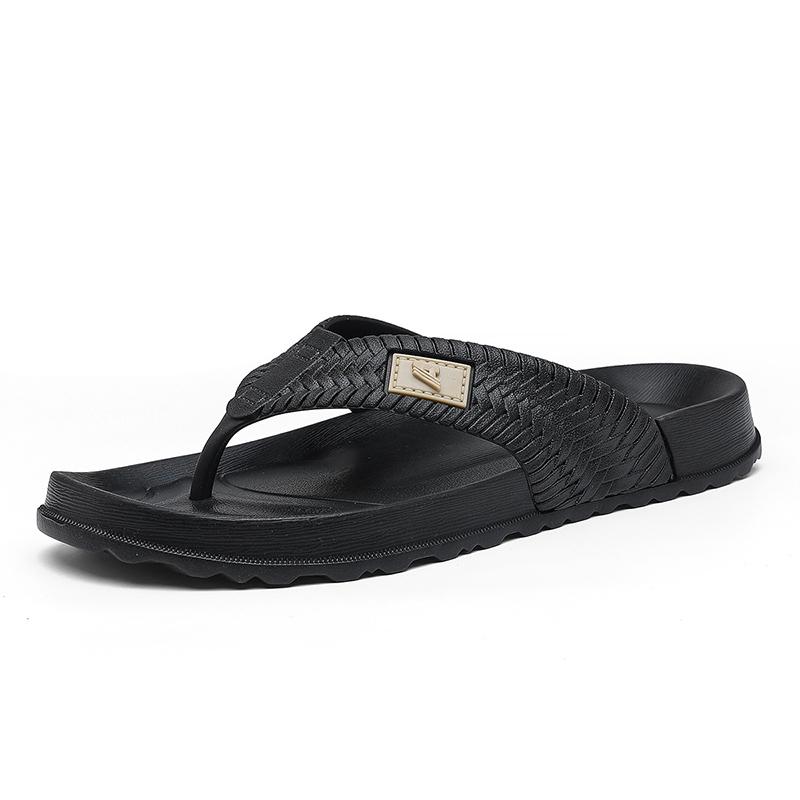 

Summer Casual Leather Flip Flops Men Shoes Outdoor PU Leather Flat Antiskid Walking Shoes Breathable Beach Holiday Shoes 45 чёрный