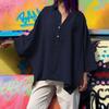 Camicia casual ampia a maniche lunghe con scollo a V e scollo a V da donna, stile autunno, retrò, Harajuku, tinta unita, in cotone e lino, taglie forti