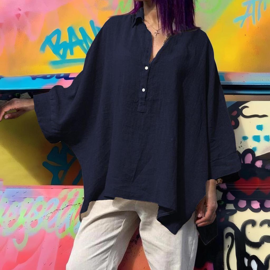 Camicia casual ampia a maniche lunghe con scollo a V e scollo a V da donna, stile autunno, retrò, Harajuku, tinta unita, in cotone e lino, taglie forti