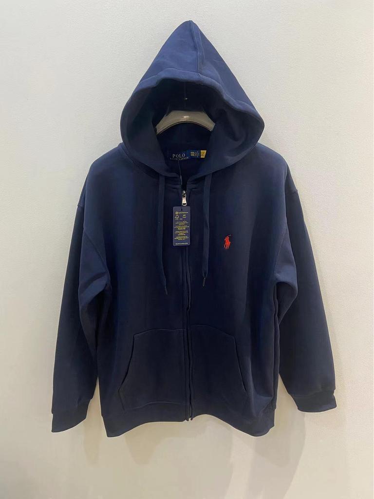 Men's Autumn/Winter Ralph Lauren Embroidered Logo Hooded Sweatshirt with Velvet Lining and Zipper.
