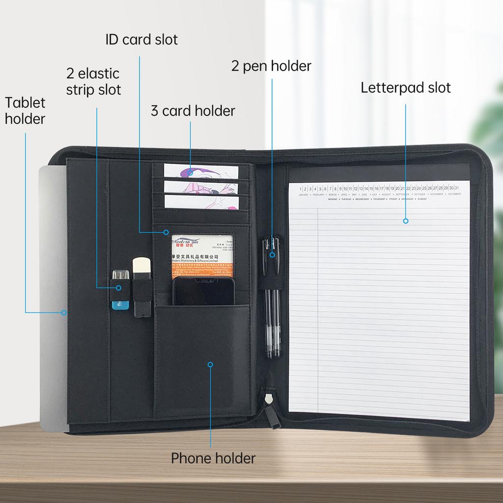 Bisofice Zippered Business Padfolio A4 PU Leather Portfolio Organizer for Interview Resume Document Planner Agenda
