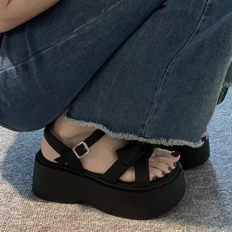 Small Fragrant Style Bow Platform Sandals Female Summer Wear Retro Fairy Style with Skirt Small Height Increase Roman Shoes
