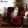 Dark Red Floral Ghost Gothic Soft Flannel Blanket Breathable Warm Throw for Office Car Sofa Kids Room Birthday Xmas Gift