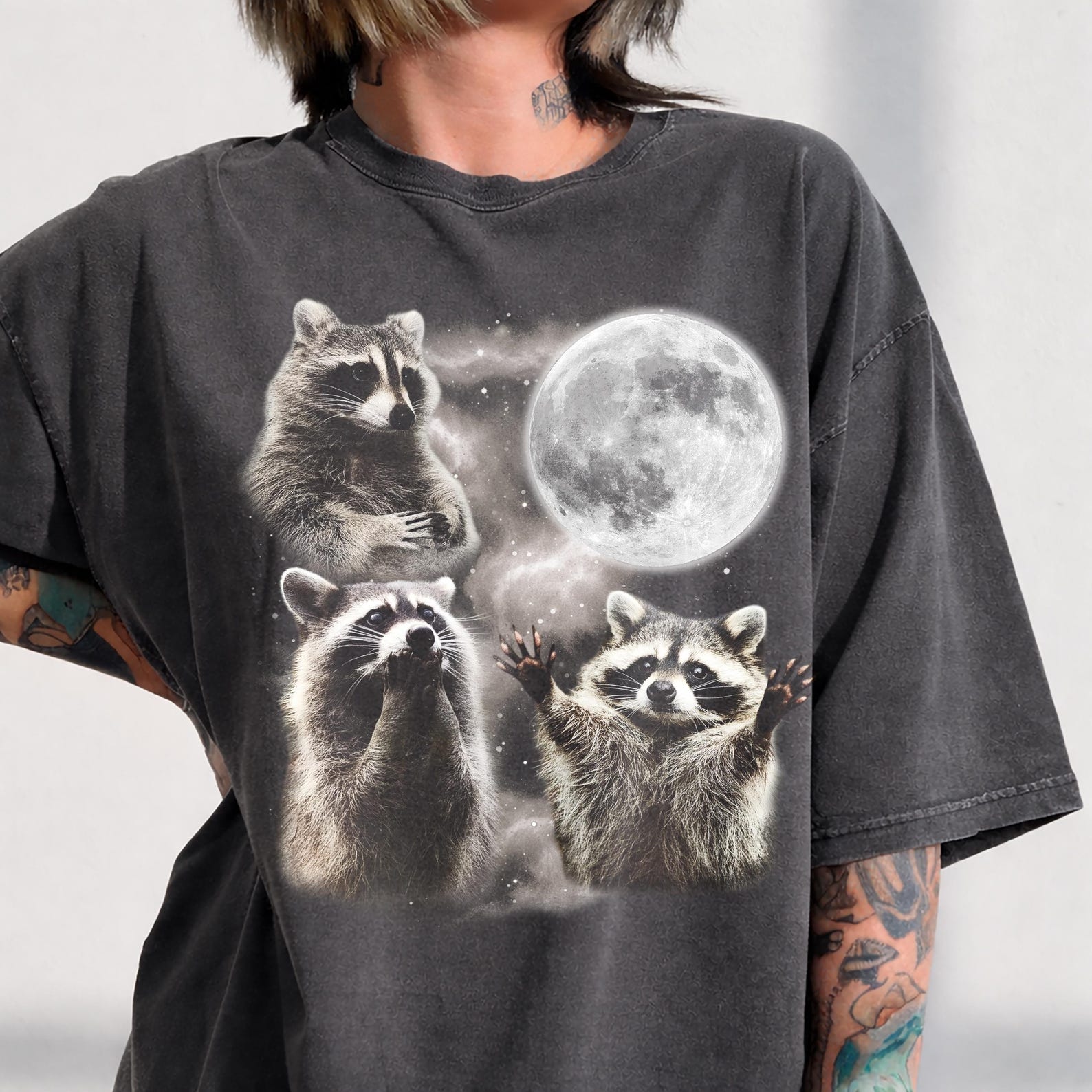 Three Raccoons Retro Graphic T-Shirt, Vintage Moon Comfort Colors Tee L