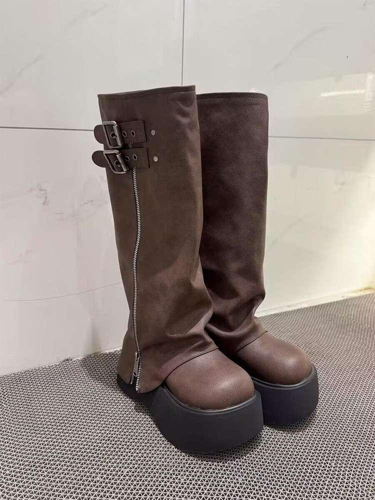 Women's Boots Thick Sole Height Increasing Knee Long Tube Boot Platform Round Toe Side Zipper Fashion Belt Buckle Women Shoes