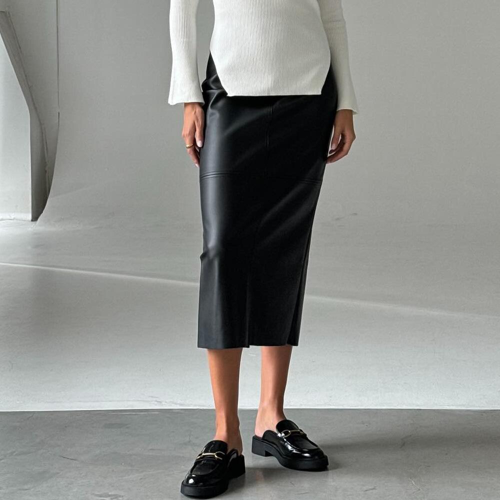 2024 Winter Women's High-Waisted PU Leather Bodycon Midi Skirt with Slit