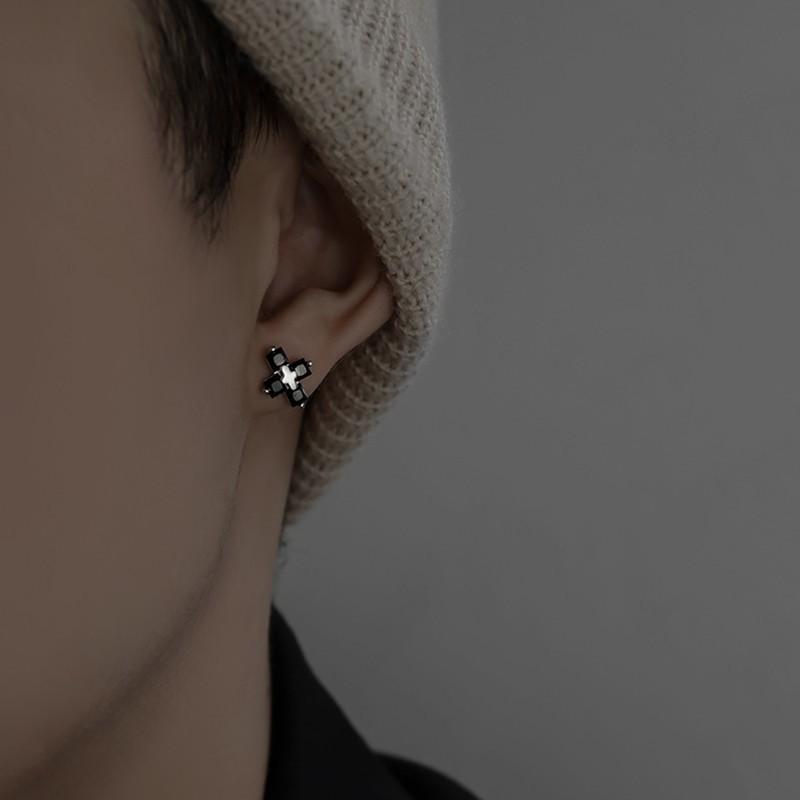 Men Cross Stud Earrings Hip Hop Punk Rock Crystal Geometric Ear Jewelry