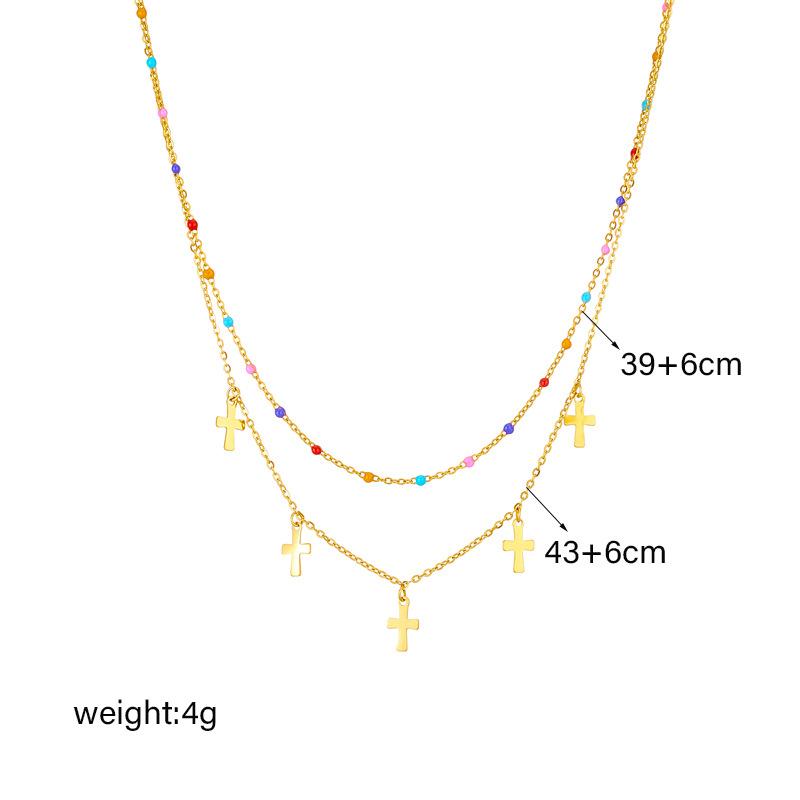 gold cross pendant layered necklace with colorful beads for women