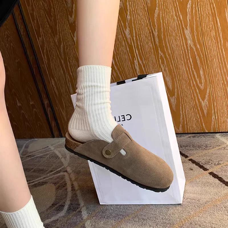 Fashion Summer Retro Birken Style Brown Faux Suede Flat Slippers Fashion Round Toe Platform Mules Outdoor Woman Soft Sole Cork Slides
