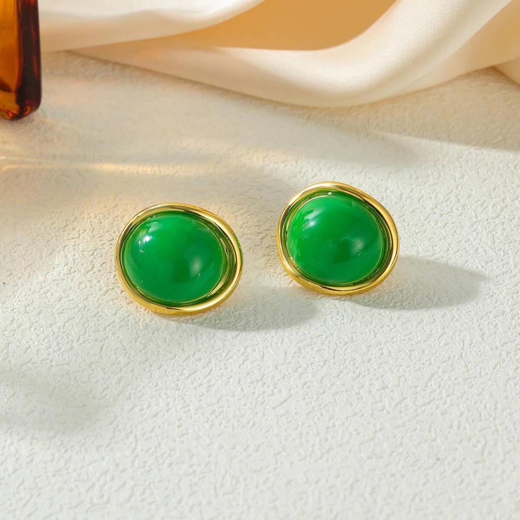 Salircon 5 Colors Classic Retro Stainless Steel Geometric Stud Earrings Boho Trendy 18K Gold Plated Inlaid Resin Earring Jewelry