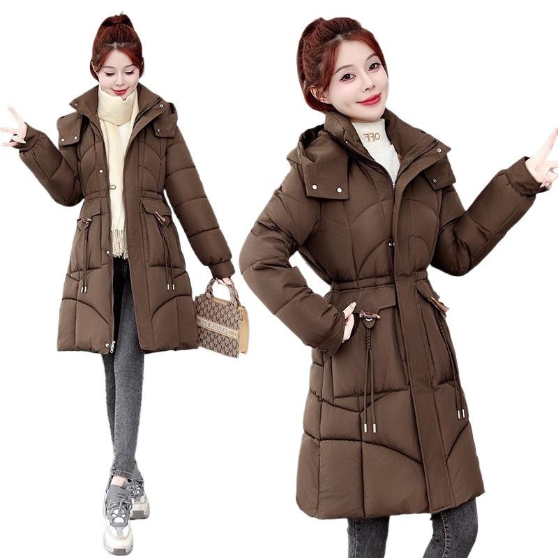 Fashion women's winter cotton-padded clothes, medium and long hooded waist cotton-padded jackets, temperament commuting versatile models