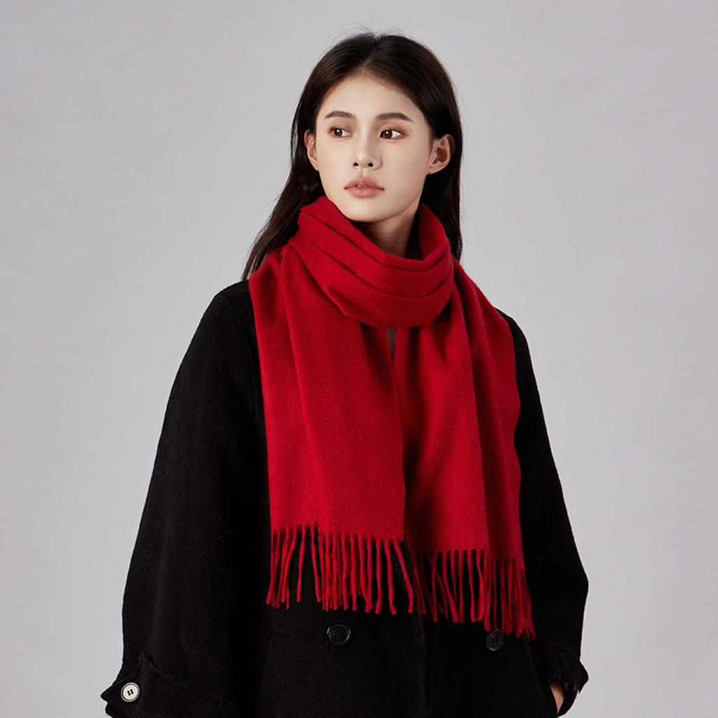 Red 100% wool scarf, simple autumn and winter atmosphere, scarf, high-end sense, versatile shawl 2025 gift