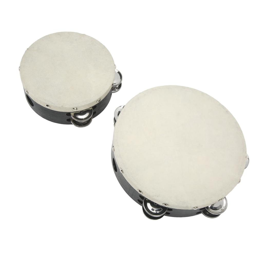2PCS Wooden Hand Drum Double Row Metal Jingle Bells Sheepskin Percussion Tambourine 6in 8in