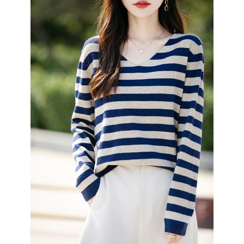 Spring and Autumn V-neck Striped Women's Long-sleeved Knitwear Loose Color Clashing Pullover Bottoming Shirt