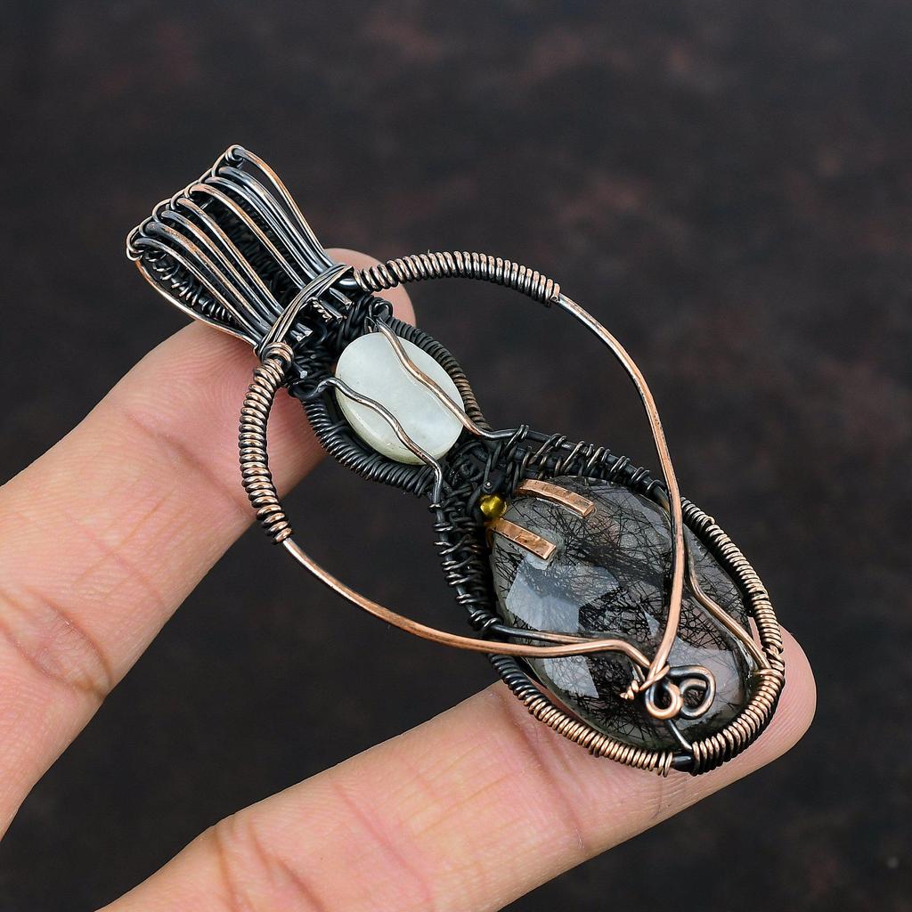 Faceted Black Rutile Gemstone Pendant Copper Wire Wrapped Pendant Rainbow Moonstone Pendant Gifts For Mother Copper Jewelry Handmade Pendant
