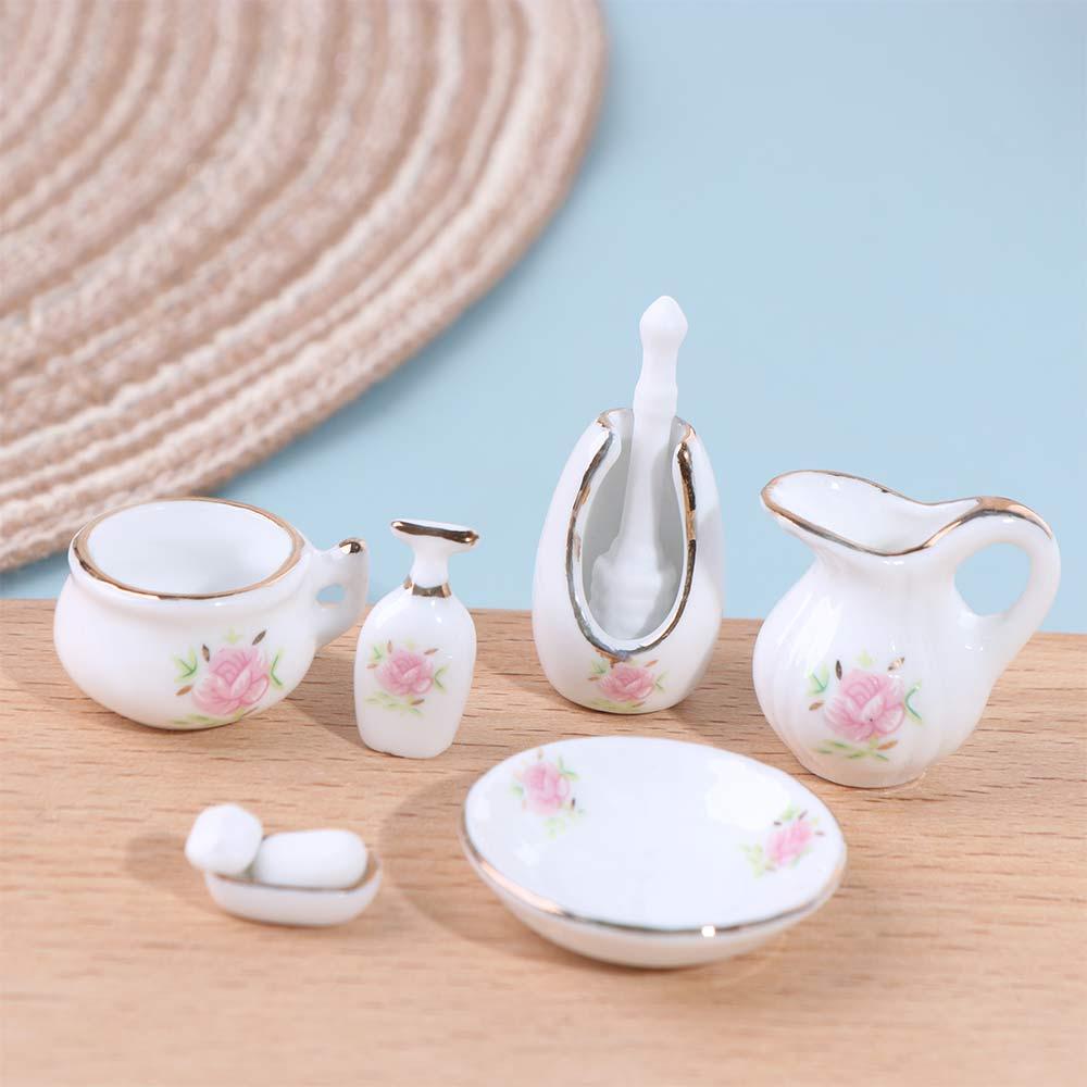 

1/12 Scale Dollhouse Bathroom Porcelain Rose Floral Miniature Furniture Porcelain Home Decor as picture