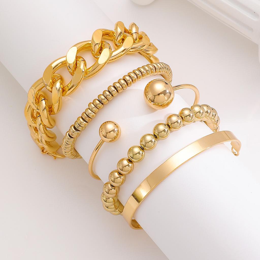 Gold Tone Stackable Bracelet Set 5 Piece Chunky Chain Bead and Cuff Bangles For Women
