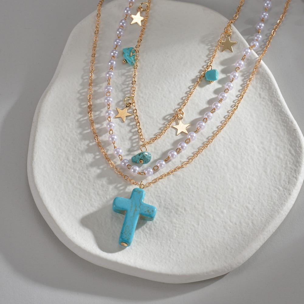 Personalized Turquoise Cross Star Gravel Pearl Multi-layer Metal Necklace