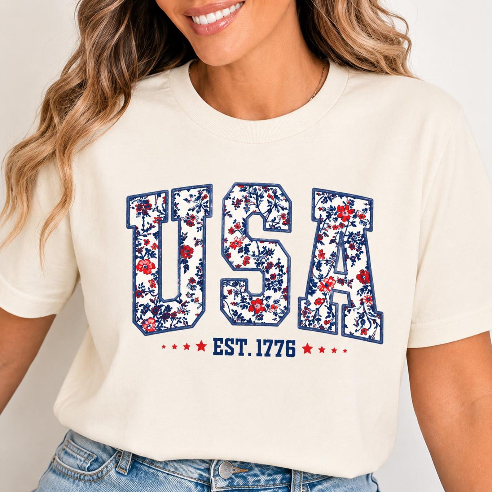 Patriotic Floral USA EST 1776 T-Shirt, Vintage Americana Graphic Tee S