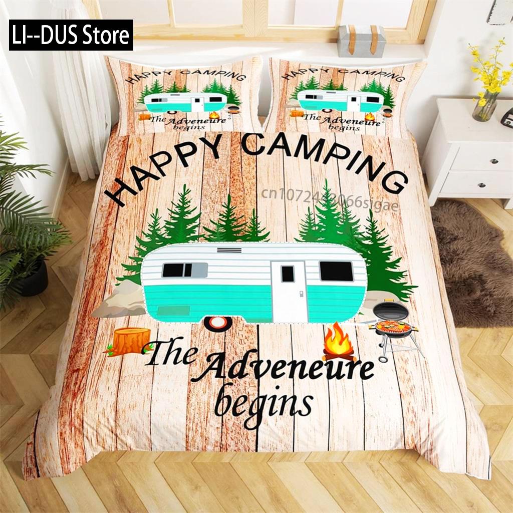 Camping Duvet Cover Set Cartoon Camper Comforter Cover Old Barn Door Bedding Set Cowboys Wooden Farmhouse Style For Kids Decor