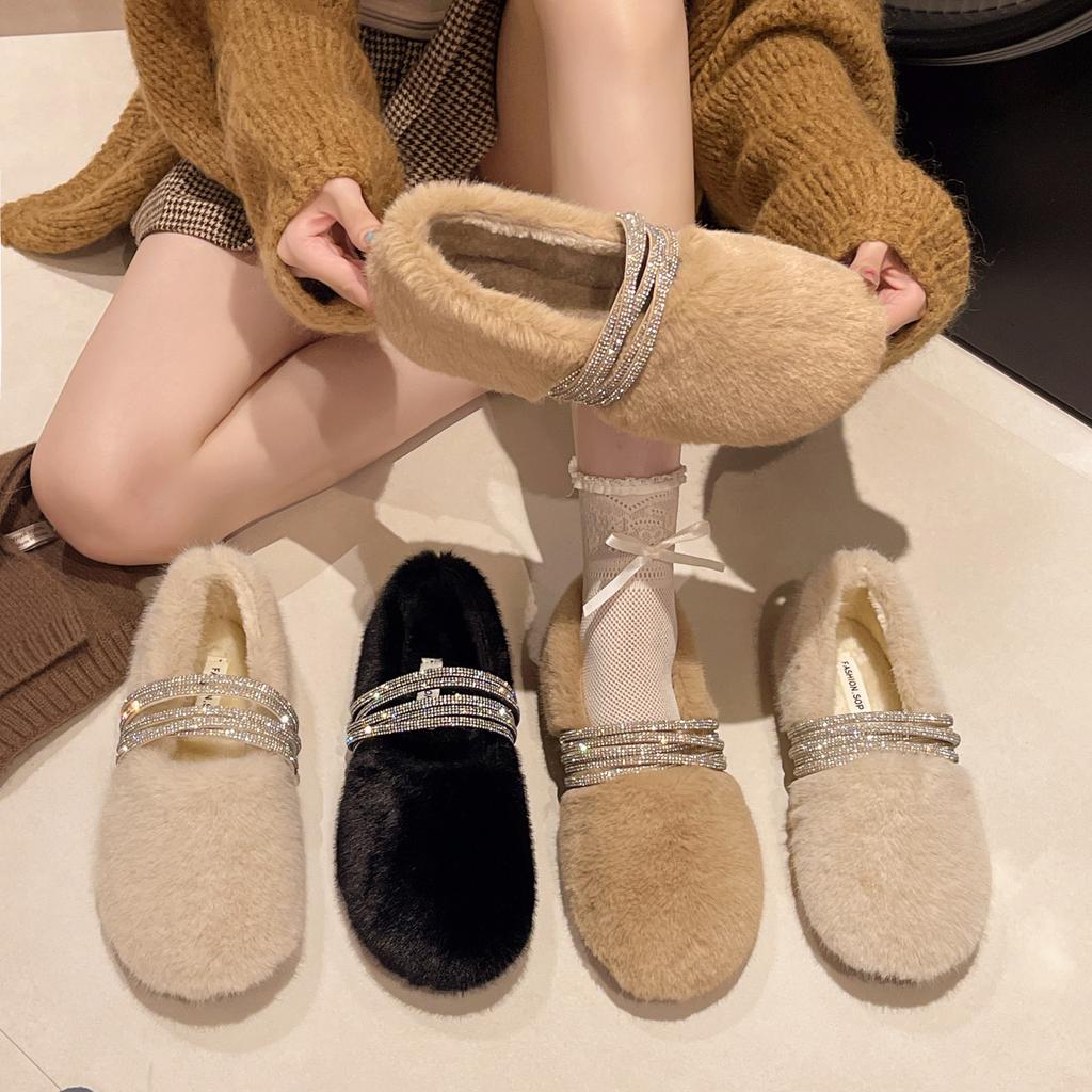 Fashion Retro Style Simple Rhinestone Word Mary Jane Shoes Women's 2025 Winter New Wear Light Mouth Wool Cotton Shoes