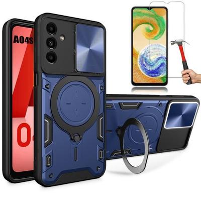 Case + Tempered Glasses - BOOLING - for Samsung Galaxy A04s - Navy Blue - Camera Cover - Ring Stand