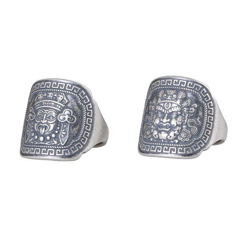 Retro Thai Silver Wide Band Wealth God Open Ring for Men and Women