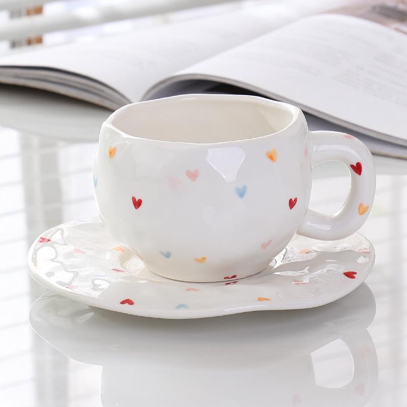 

Korean ins style ceramic mug high value, afternoon tea cup hand-painted girl cute hand-squeezed coffee cup saucer 300ml